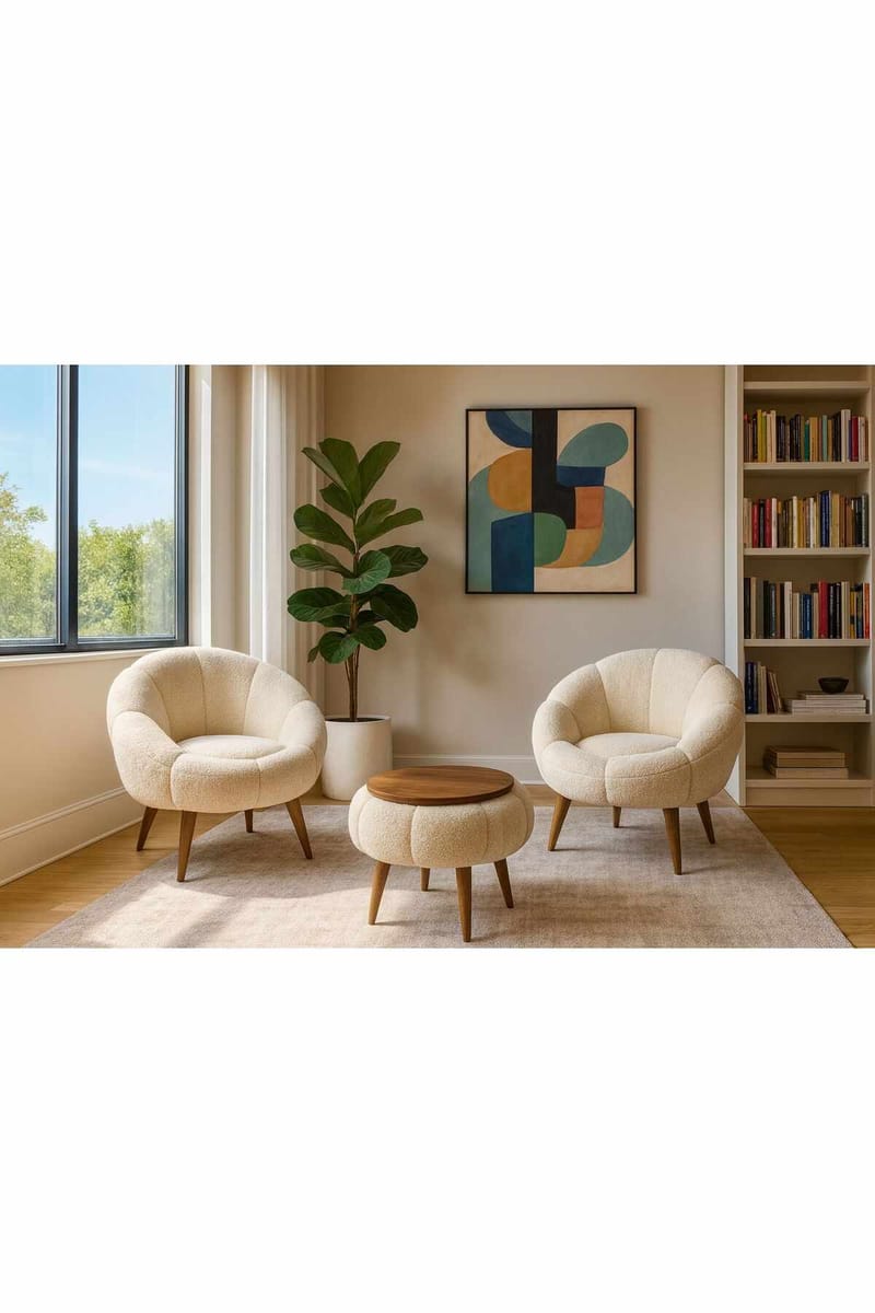 Ørelappstol- og salongbordsett (3 deler) Atelier Del Sofa Lida Wellsoft (75 x 100 x 42 cm) Krem - Oppbevaring - Oppbevaringsmøbler - Møbelsett til stue