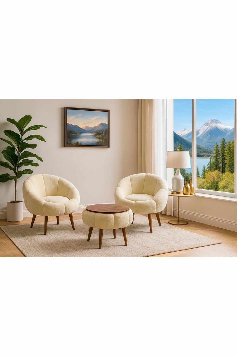 Ørelappstol- og salongbordsett (3 deler) Atelier Del Sofa Lida Wellsoft (75 x 100 x 42 cm) Krem - Oppbevaring - Oppbevaringsmøbler - Møbelsett til stue