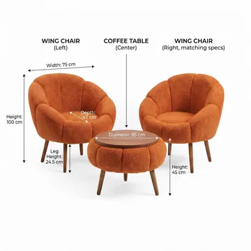 Ørelappstol- og salongbordsett (3 deler) Atelier Del Sofa Lida Wellsoft (75 x 100 x 42 cm) Oransje - Oppbevaring - Oppbevaringsmøbler - Møbelsett til stue
