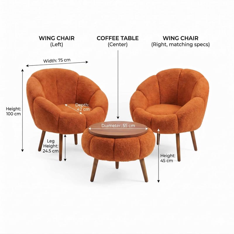 Ørelappstol- og salongbordsett (3 deler) Atelier Del Sofa Lida Wellsoft (75 x 100 x 42 cm) Oransje - Oppbevaring - Oppbevaringsmøbler - Møbelsett til stue