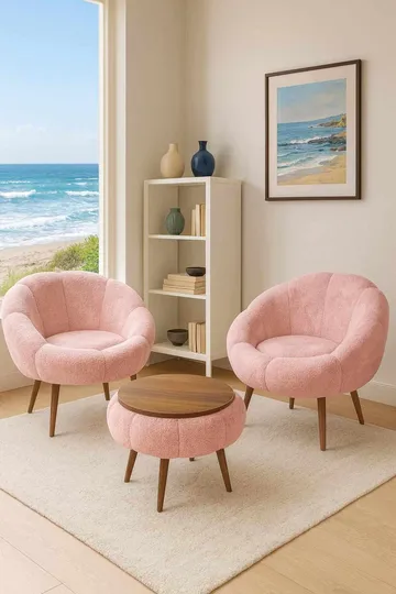 Ørelappstol- og salongbordsett (3 deler) Atelier Del Sofa Lida Wellsoft (75 x 100 x 42 cm) Rosa - Oppbevaring - Oppbevaringsmøbler - Møbelsett til stue