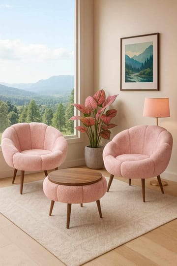 Ørelappstol- og salongbordsett (3 deler) Atelier Del Sofa Lida Wellsoft (75 x 100 x 42 cm) Rosa - Oppbevaring - Oppbevaringsmøbler - Møbelsett til stue