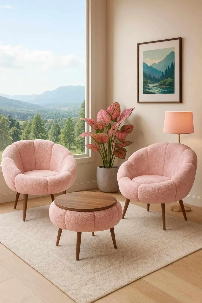 Ørelappstol- og salongbordsett (3 deler) Atelier Del Sofa Lida Wellsoft (75 x 100 x 42 cm) Rosa - Oppbevaring - Oppbevaringsmøbler - Møbelsett til stue