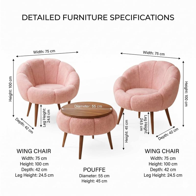 Ørelappstol- og salongbordsett (3 deler) Atelier Del Sofa Lida Wellsoft (75 x 100 x 42 cm) Rosa - Oppbevaring - Oppbevaringsmøbler - Møbelsett til stue