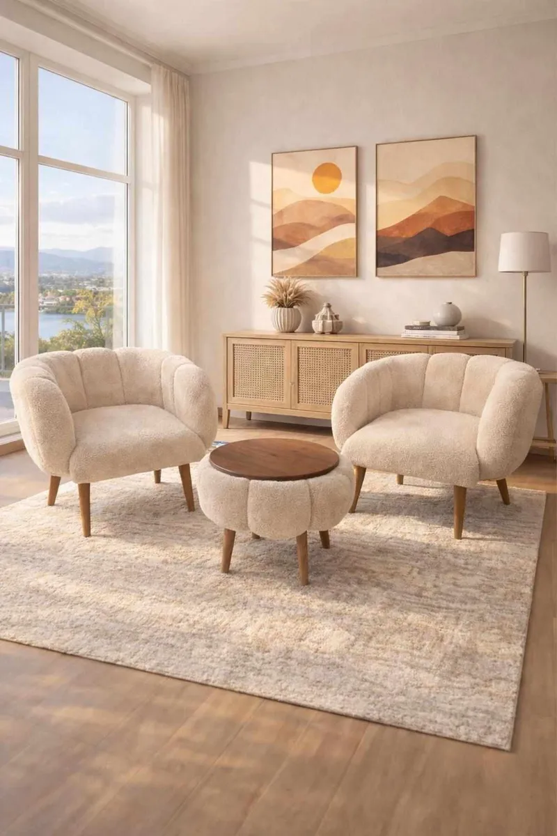 Ørelappstol- og salongbordsett (3 deler) Atelier Del Sofa Lotus Wellsoft (75 x 100 x 42 cm) Beige - Oppbevaring - Oppbevaringsmøbler - Møbelsett til stue