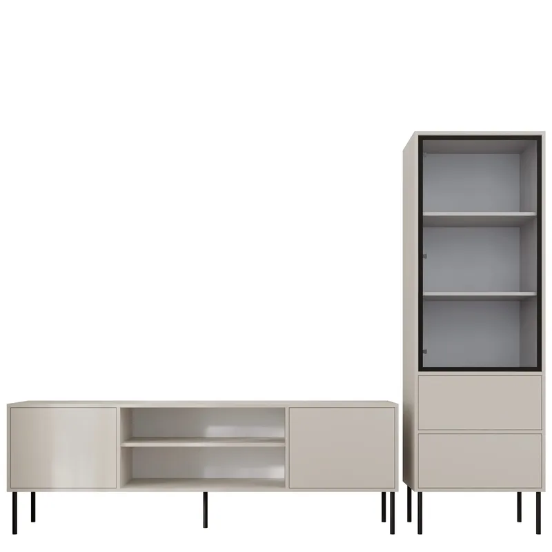 Claven møbelsett til stue - TV-benk og vitrineskap, beige