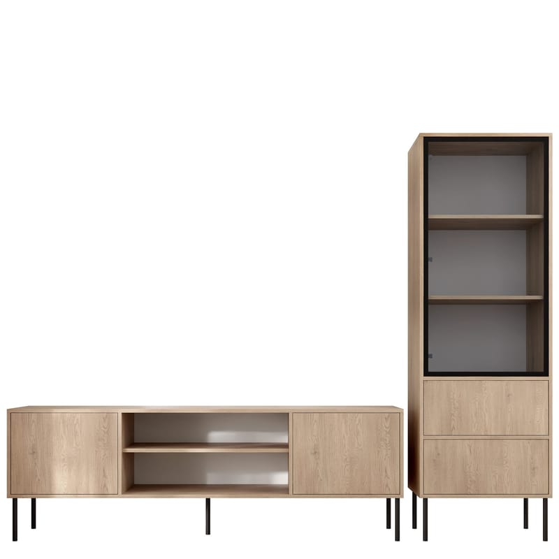 Claven møbelsett til stue - TV-benk og vitrineskap, brun