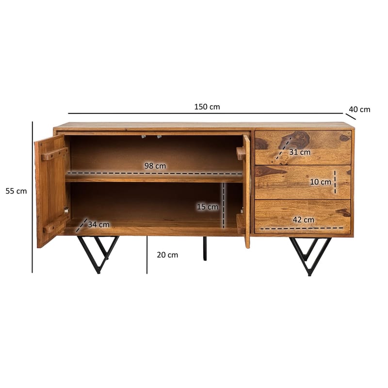 Corena skjenk 150 cm - naturbrun med flerfargede fronter i steinimitasjon og svarte ben - Oppbevaring - Oppbevaringsmøbler - Sideboard & skjenk