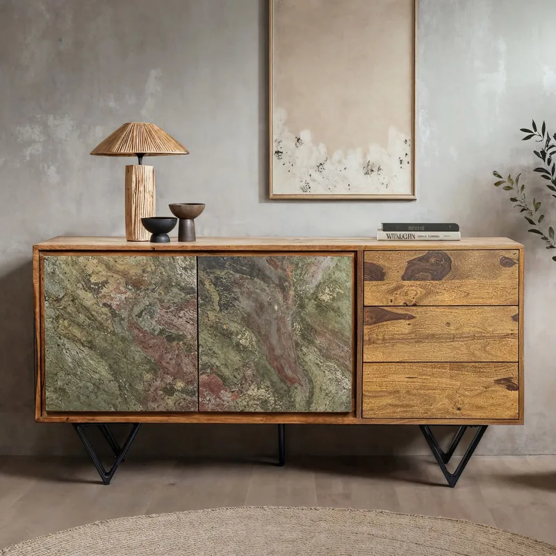 Corena skjenk 150 cm - naturbrun med flerfargede fronter i steinimitasjon og svarte ben - Oppbevaring - Oppbevaringsmøbler - Sideboard & skjenk