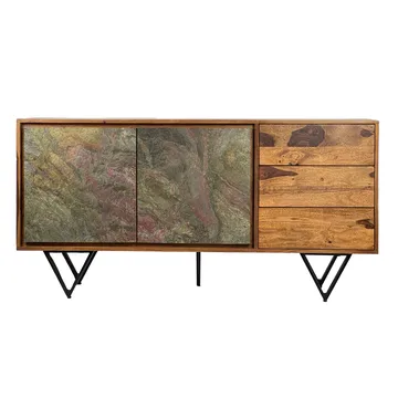 Corena skjenk 150 cm - naturbrun med flerfargede fronter i steinimitasjon og svarte ben - Oppbevaring - Oppbevaringsmøbler - Sideboard & skjenk