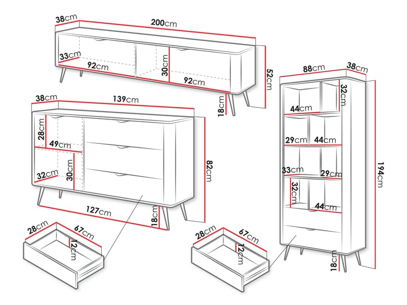 Forba møbelsett til stue - TV-benk, bokhylle og skjenk - hvit - Oppbevaring - Oppbevaringsmøbler - Møbelsett til stue