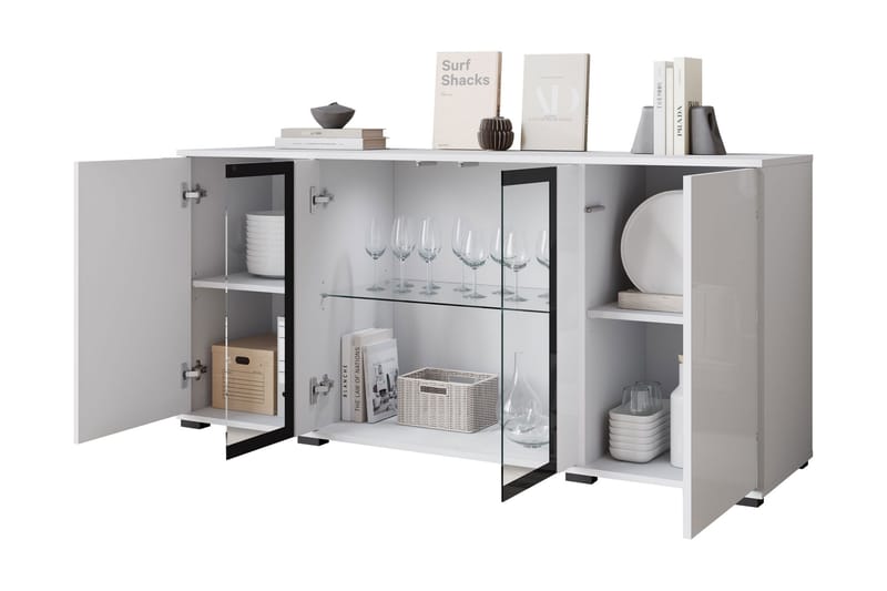 Gamal Skjenk 150x40 cm i Tre med Glassdører - Hvit Høyglans - Oppbevaring - Oppbevaringsmøbler - Sideboard & skjenk