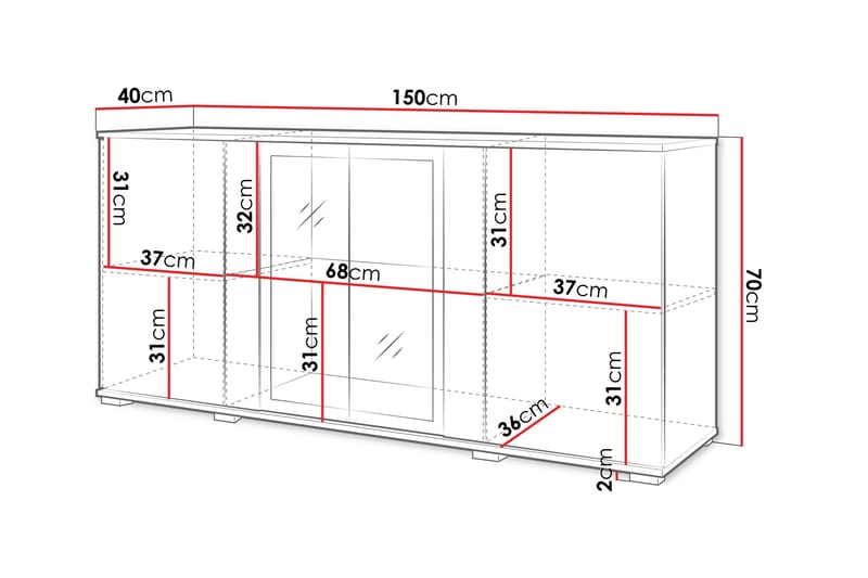 Gamal Skjenk 150x40 cm i Tre med Glassdører - Hvit Høyglans - Oppbevaring - Oppbevaringsmøbler - Sideboard & skjenk