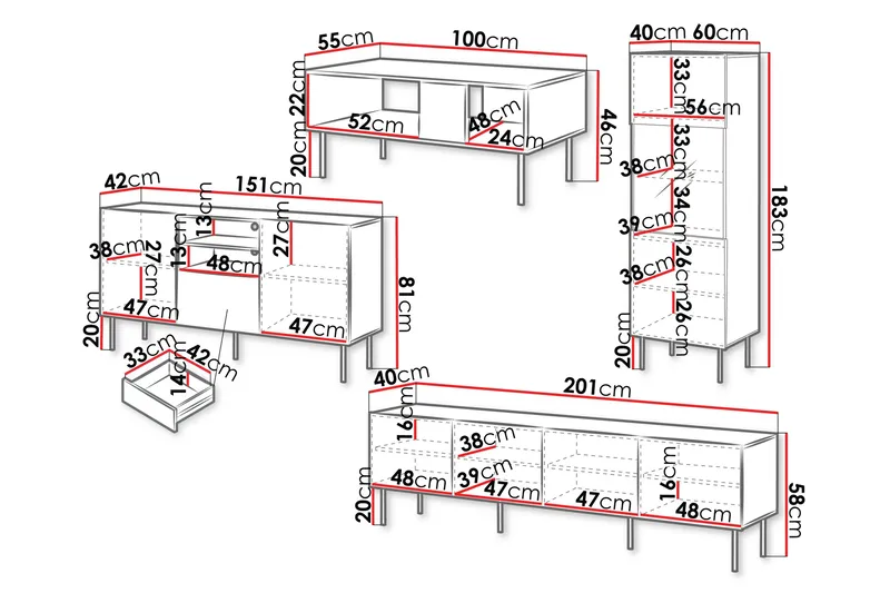 Hammarstrand TV Møbelsett Stue - Valnøtt / Svart / Ribbet Tre - Oppbevaring - Oppbevaringsmøbler - Møbelsett til stue