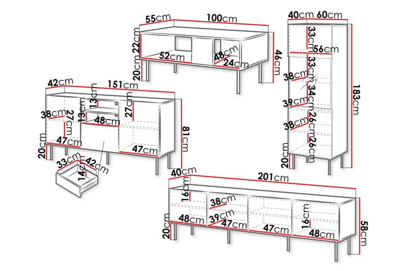 Hammarstrand TV Møbelsett Stue - Valnøtt / Svart / Ribbet Tre - Oppbevaring - Oppbevaringsmøbler - Møbelsett til stue