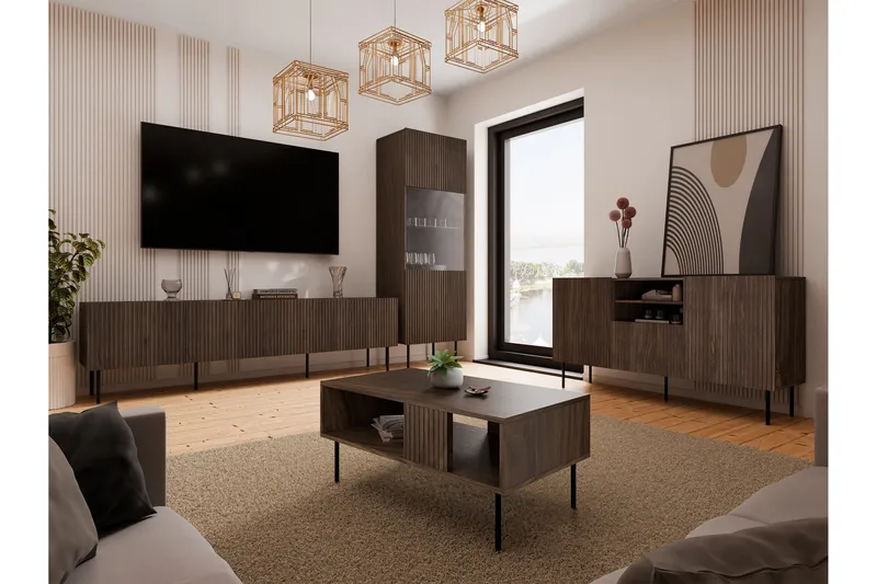 Hammarstrand TV Møbelsett Stue - Valnøtt / Svart / Ribbet Tre - Oppbevaring - Oppbevaringsmøbler - Møbelsett til stue