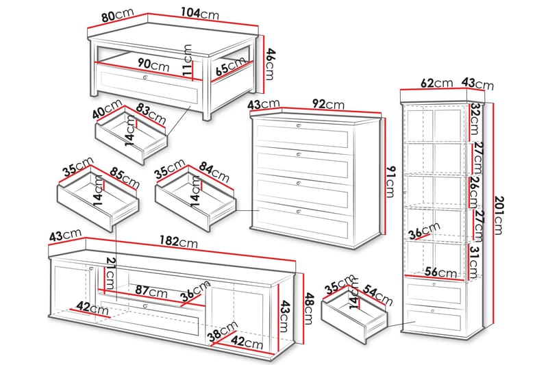 Hammerdal Møbelsett for Stue - Hvit/Eik - Oppbevaring - Oppbevaringsmøbler - Møbelsett til stue