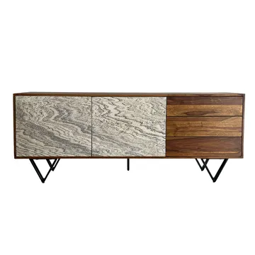 Jesvik skjenk 175x71x40 cm i massivt sheeshamtre med fronter i steinlook - hvit og naturtre - Oppbevaring - Oppbevaringsmøbler - Sideboard & skjenk
