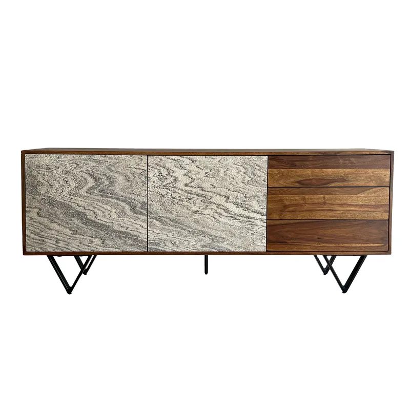 Jesvik skjenk 175x71x40 cm i massivt sheeshamtre med fronter i steinlook, hvit og naturtre