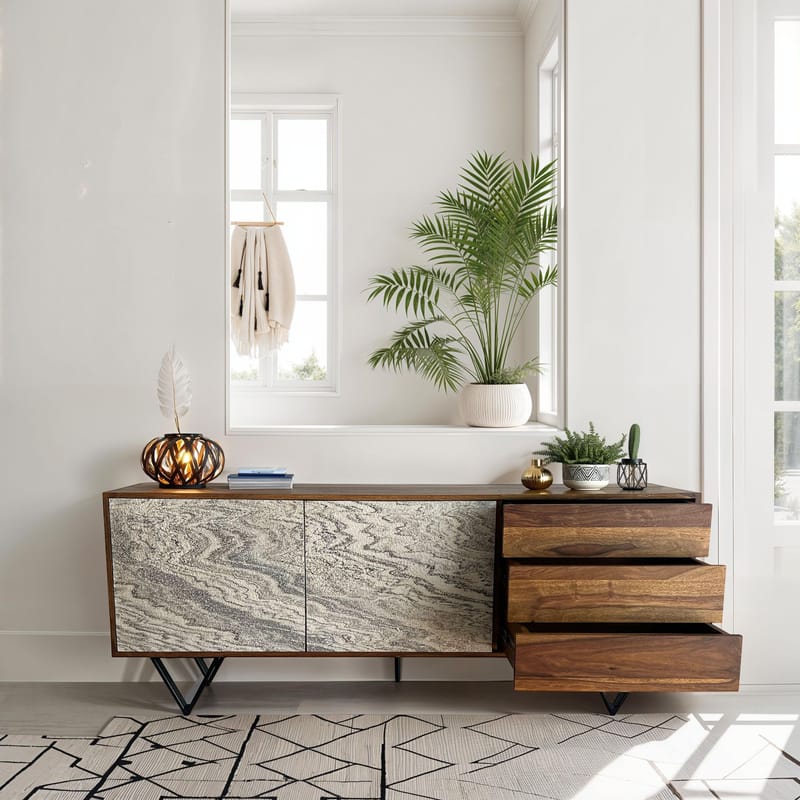 Jesvik skjenk 175x71x40 cm i massivt sheeshamtre med fronter i steinlook - hvit og naturtre - Oppbevaring - Oppbevaringsmøbler - Sideboard & skjenk
