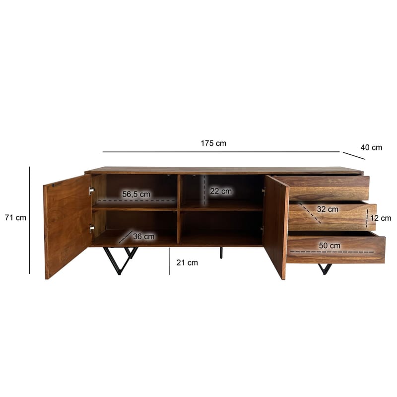 Jesvik skjenk 175x71x40 cm i massivt sheeshamtre med fronter i steinlook - hvit og naturtre - Oppbevaring - Oppbevaringsmøbler - Sideboard & skjenk