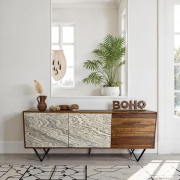 Jesvik skjenk 175x71x40 cm i massivt sheeshamtre med fronter i steinlook - hvit og naturtre - Oppbevaring - Oppbevaringsmøbler - Sideboard & skjenk
