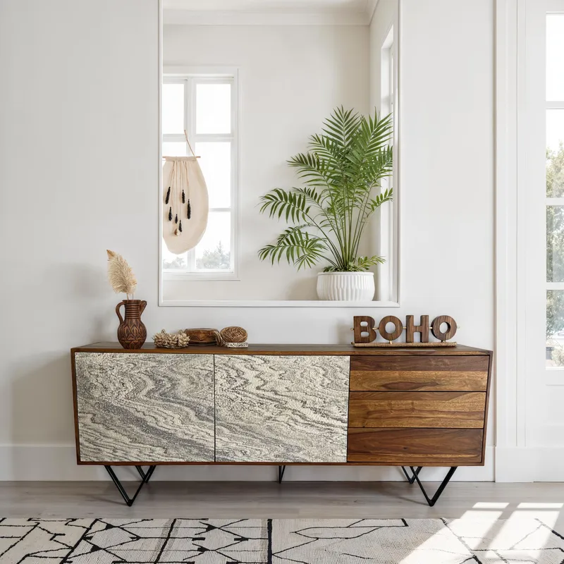 Jesvik skjenk 175x71x40 cm i massivt sheeshamtre med fronter i steinlook - hvit og naturtre - Oppbevaring - Oppbevaringsmøbler - Sideboard & skjenk