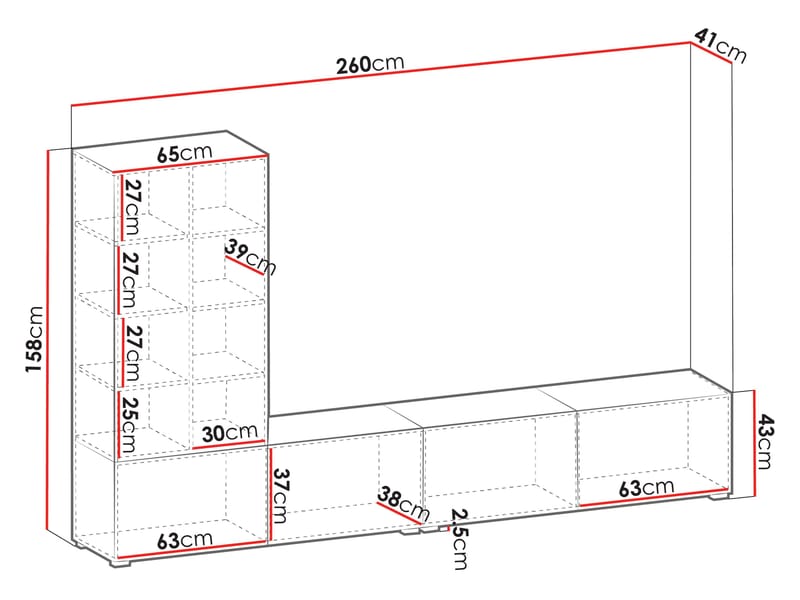 Klinkerville møbelsett ribbet TV-benk vitrineskap med LED-belysning vegghengt - gulvstående 260 cm - Valnøtt brun - Oppbevaring - Oppbevaringsmøbler - Møbelsett til stue