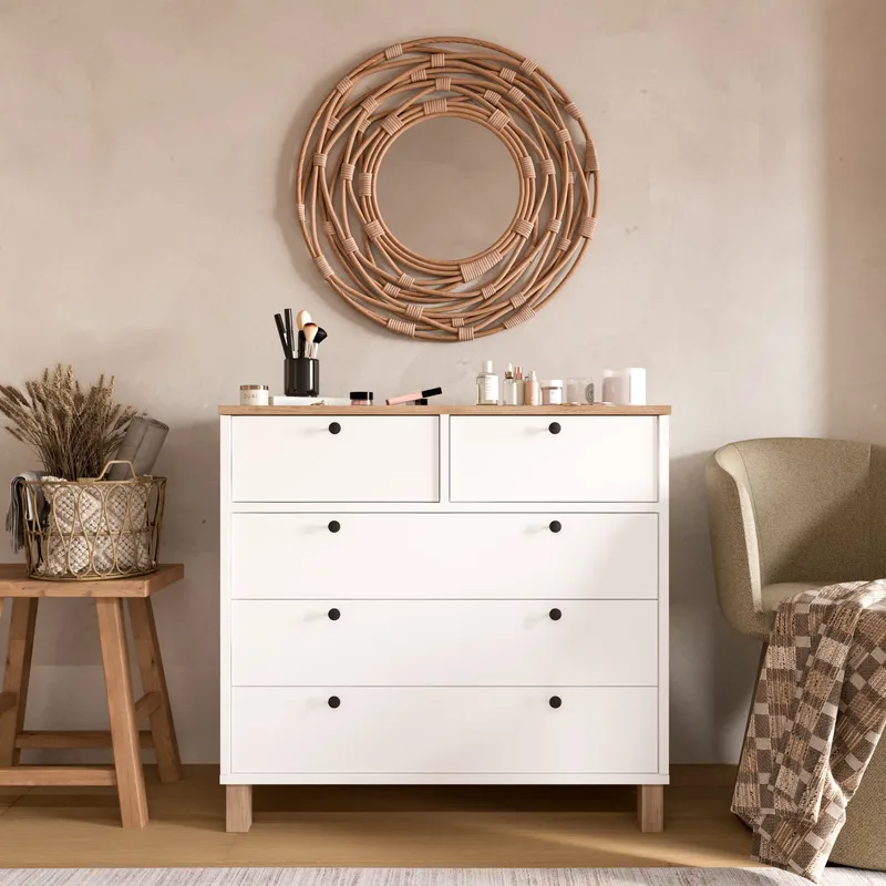 Kommode Hanah Home Nord (90 x 85,2 x 40 cm) Hvit eik - Hvit og eik - Oppbevaring - Oppbevaringsmøbler - Kommode - Entrekommode