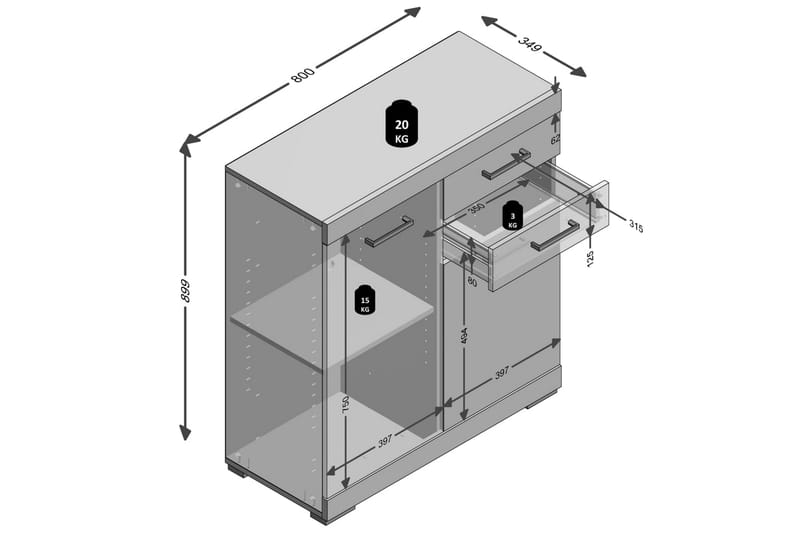 FMD Skap med 2 dører og 2 skuffer 80x34,9x89,9 cm eik -   - Entrekommode - Kommode