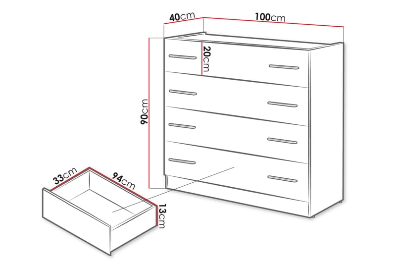 Kommode Dentro 100X40X90 Cm - Rød - Kommode - Entrekommode - Entreoppbevaring