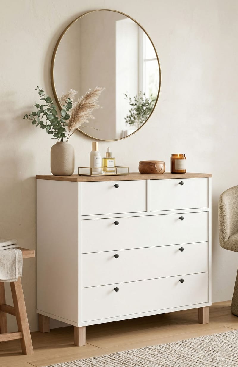 Kommode Hanah Home Nord (90 x 85,2 x 40 cm) Hvit eik - Hvit og eik - Oppbevaring - Oppbevaringsmøbler - Kommode