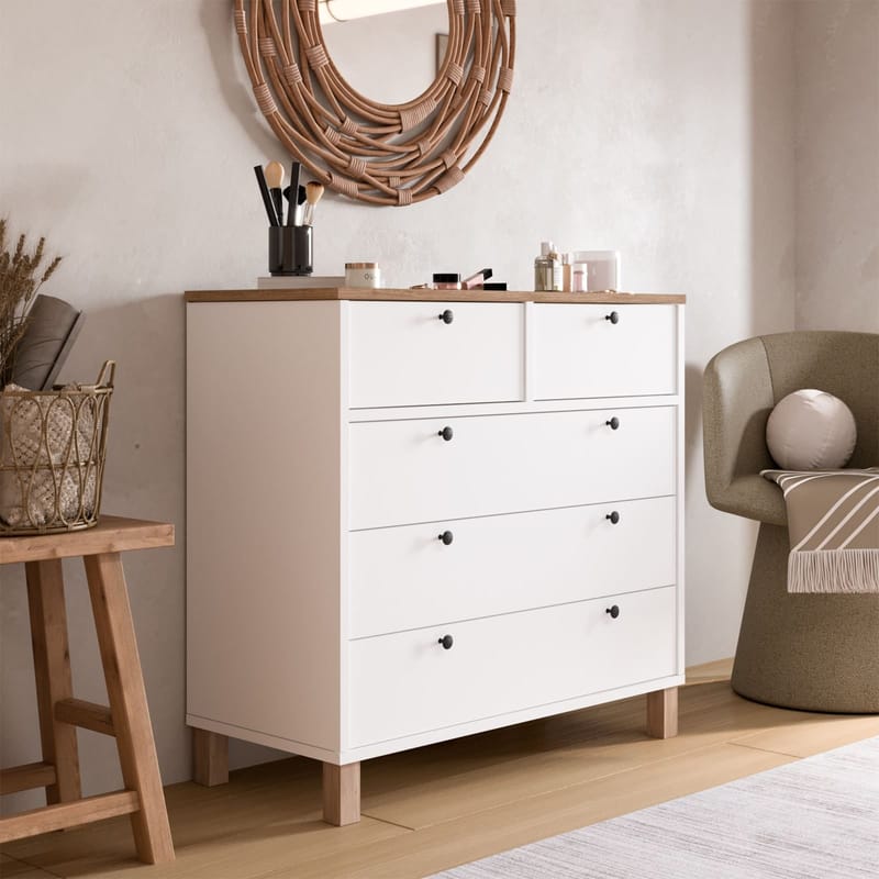 Kommode Hanah Home Nord (90 x 85,2 x 40 cm) Hvit eik - Hvit og eik - Oppbevaring - Oppbevaringsmøbler - Kommode