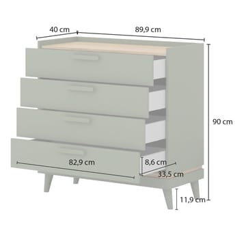 Kommode Scandi med 4 skuffer - Falmet grønn - Oljet eik - Oppbevaring - Oppbevaringsmøbler - Kommode