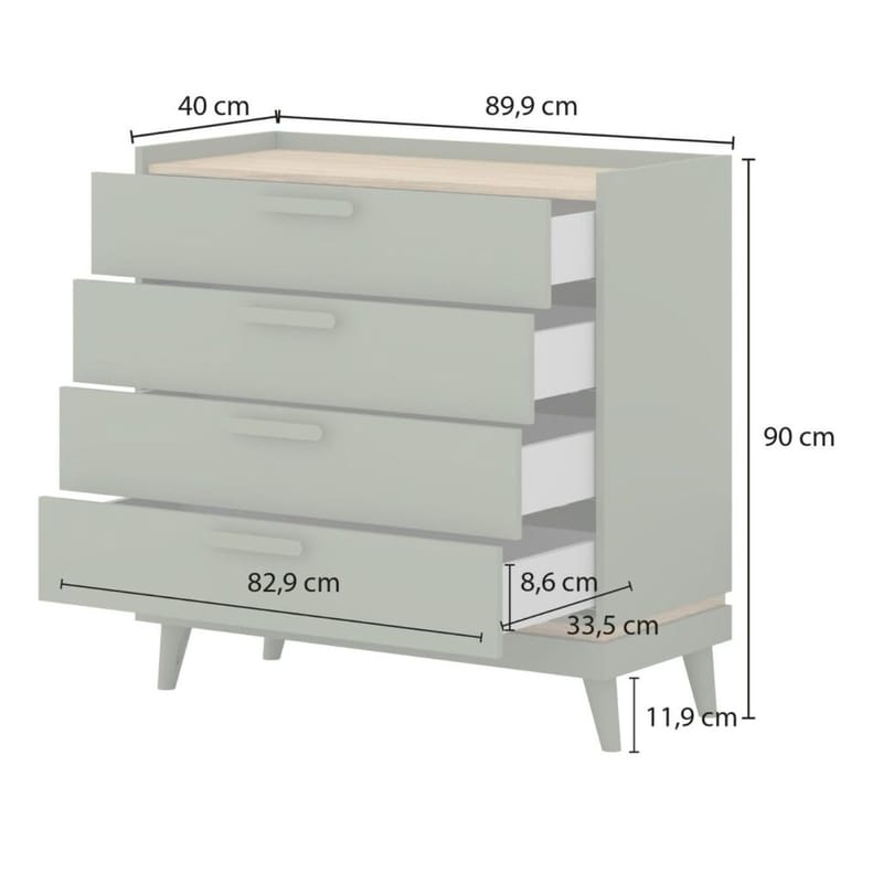 Kommode Scandi med 4 skuffer - Falmet grønn - Oljet eik - Oppbevaring - Oppbevaringsmøbler - Kommode