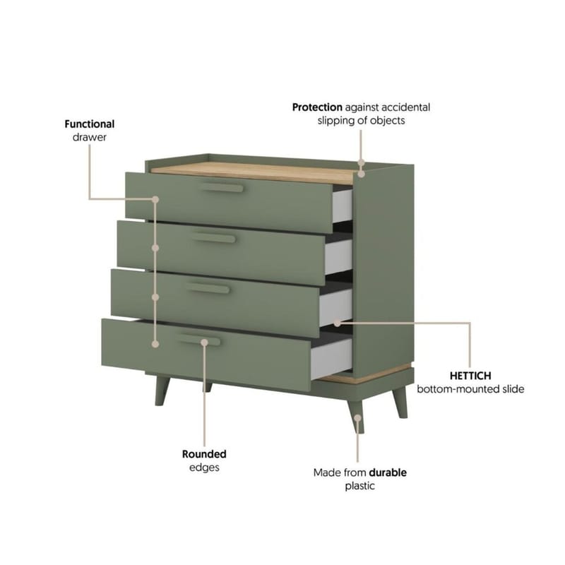 Kommode Scandi med 4 skuffer - Falmet grønn - Oljet eik - Oppbevaring - Oppbevaringsmøbler - Kommode