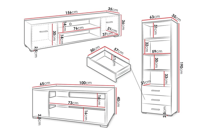 Lindesberg Møbelsett for Stue - Hvit - Oppbevaring - Oppbevaringsmøbler - Møbelsett til stue