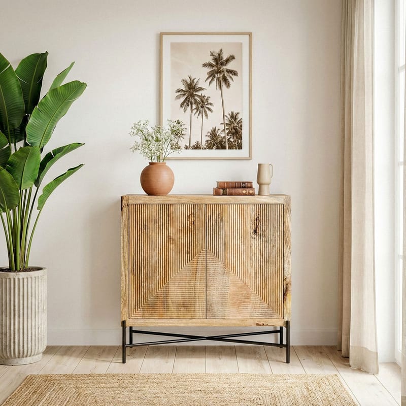 Livano skjenk 91 cm 3D-mønster industriell stil - varm lysebrun og svart - Oppbevaring - Oppbevaringsmøbler - Sideboard & skjenk