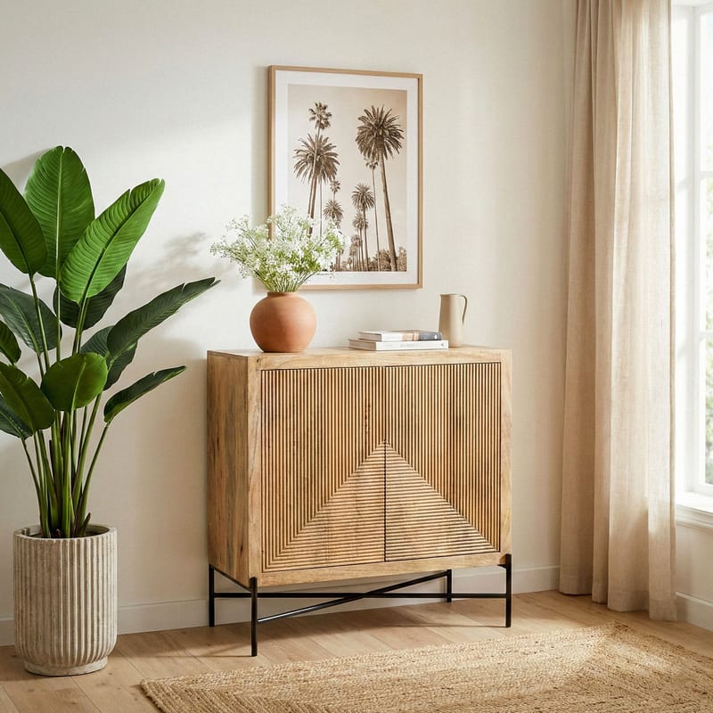 Livano skjenk 91 cm 3D-mønster industriell stil - varm lysebrun og svart - Oppbevaring - Oppbevaringsmøbler - Sideboard & skjenk