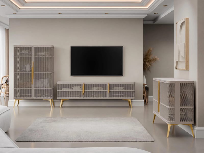 Mireva møbelsett til stue - TV-benk, vitrineskap og skjenk, beige, gull