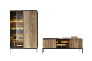 Klinkerville Møbelsett Stue – TV-benk og Vitrineskap med Belysning - Svart Tre / Brun / Ribbet / Glass - Oppbevaring - Oppbevaringsmøbler - Møbelsett til stue