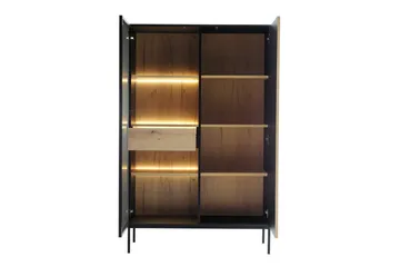 Klinkerville Møbelsett Stue – TV-benk og Vitrineskap med Belysning - Svart Tre / Brun / Ribbet / Glass - Oppbevaring - Oppbevaringsmøbler - Møbelsett til stue