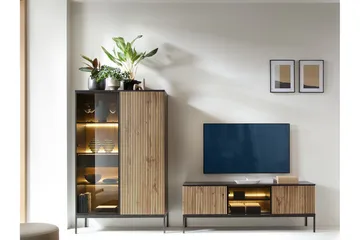 Klinkerville Møbelsett Stue – TV-benk og Vitrineskap med Belysning - Svart Tre / Brun / Ribbet / Glass - Oppbevaring - Oppbevaringsmøbler - Møbelsett til stue