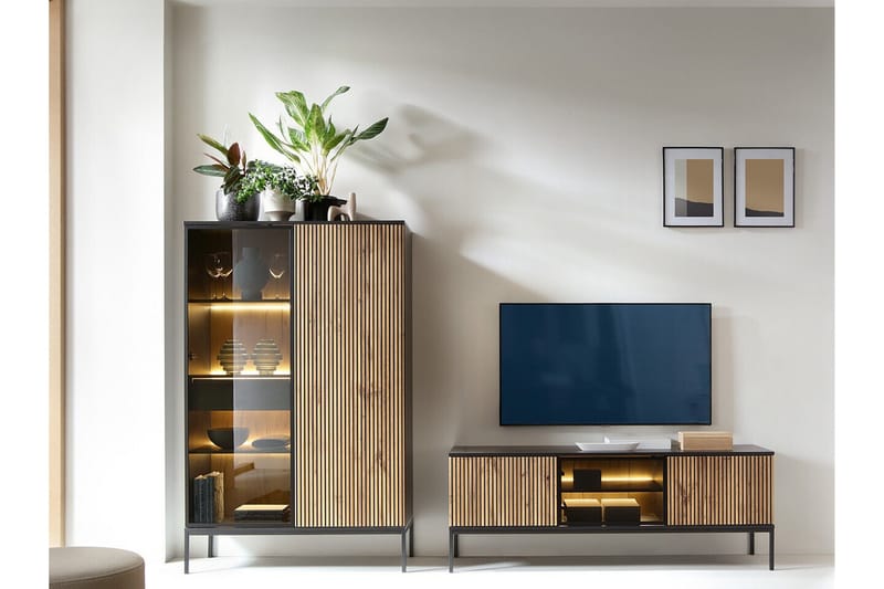 Klinkerville Møbelsett Stue – TV-benk og Vitrineskap med Belysning - Svart Tre / Brun / Ribbet / Glass - Oppbevaring - Oppbevaringsmøbler - Møbelsett til stue