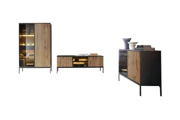 Klinkerville Møbelsett Stue med Belysning benk vitrineskap - Svart Tre / Brun / Ribbet / Glass - Oppbevaring - Oppbevaringsmøbler - Møbelsett til stue