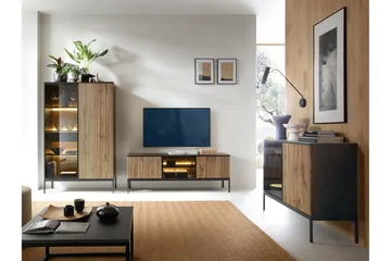 Klinkerville Møbelsett Stue med Belysning benk vitrineskap - Svart Tre / Brun / Ribbet / Glass - Oppbevaring - Oppbevaringsmøbler - Møbelsett til stue