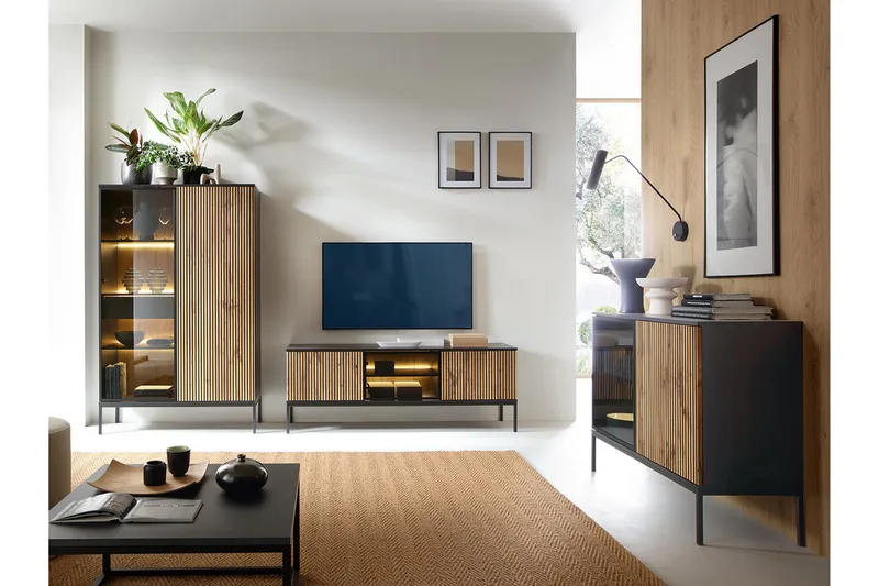 Klinkerville Møbelsett Stue med Belysning benk vitrineskap - Svart Tre / Brun / Ribbet / Glass - Oppbevaring - Oppbevaringsmøbler - Møbelsett til stue