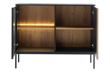 Klinkerville Møbelsett Stue med Belysning benk vitrineskap - Svart Tre / Brun / Ribbet / Glass - Oppbevaring - Oppbevaringsmøbler - Møbelsett til stue