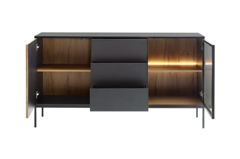 Klinkerville Møbelsett Stue med Belysning benk vitrineskap - Svart Tre / Brun / Ribbet / Glass - Oppbevaring - Oppbevaringsmøbler - Møbelsett til stue