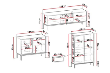 Klinkerville Møbelsett Stue med Belysning benk vitrineskap - Svart Tre / Brun / Ribbet / Glass - Oppbevaring - Oppbevaringsmøbler - Møbelsett til stue
